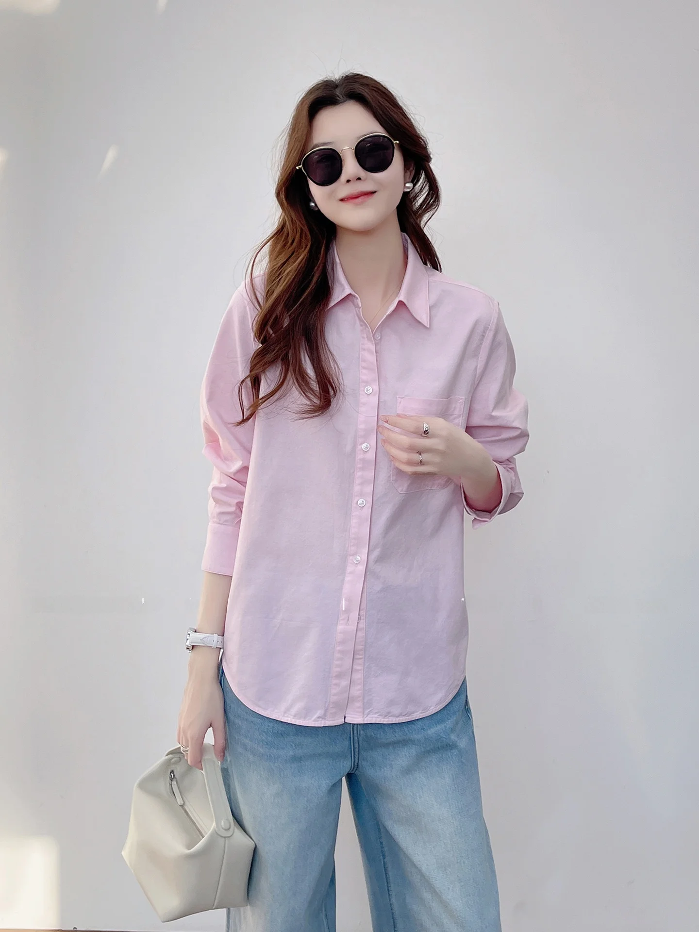 

Pink Pure Cotton Long Sve irt Women's Casual Layering Versatile Spring New Sle Han ang Liang Pin Simple Design