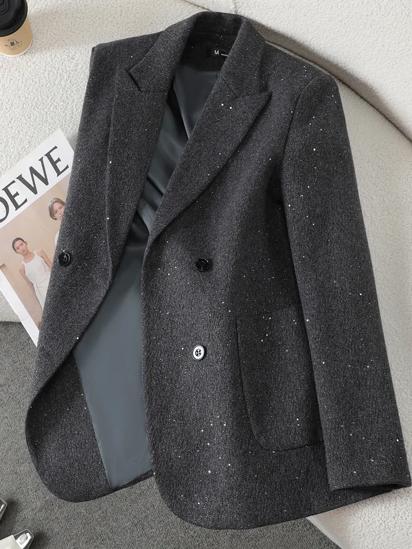 Casual Style Women's Business Suit Jacket Gold Embossed Loose Fit Autumn Winter New Arrival Elegant Slimming Polyester Fiber
