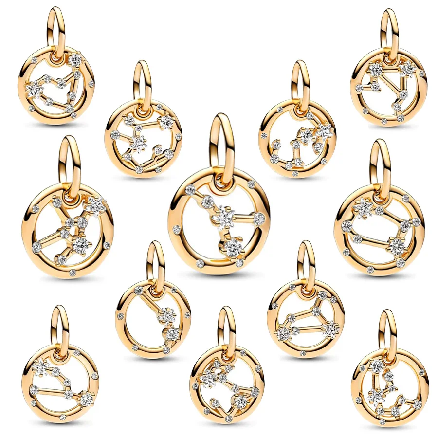 תכשיטים לנשים DIY שרשרת צמיד פנדורה מכסף סטרלינג 925 מקורי עם 12 סימני המזלות מצופים זהב