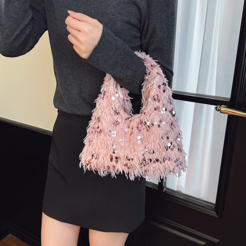 

Luxury Faux Fur Clutch Bag Studded Shiny Sequined Handbag Evening Purse Fashion Mini Small Crossbody Phone Bag Lady Bolsas