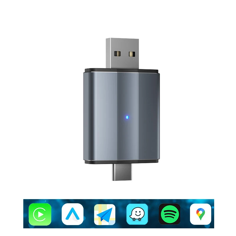 Aluminum alloy wireless car intelligent converter 2-in-1 USB/Type-C connection to Carplay USB flash drive Wireless Adapter Kit