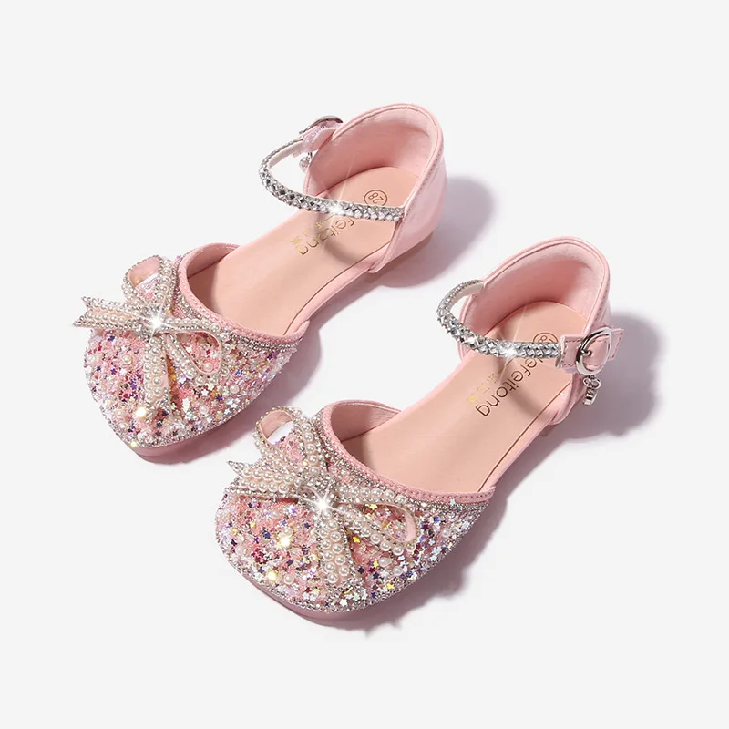 2023 Toddler Girl Shoes Rhinestones Bow Princess Mary Janes for Party Wedding Shows Kids Versatile Soft Sandals Toes Wrapped PU