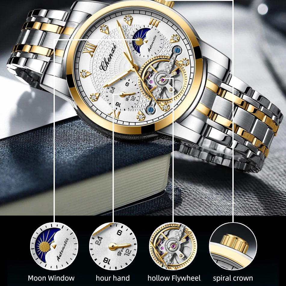 CHENXI Men Mechanical Watches Automatic Movement Watch for Men Stainless Steel Luxury Business Skeleton Clock Relogios Masculino