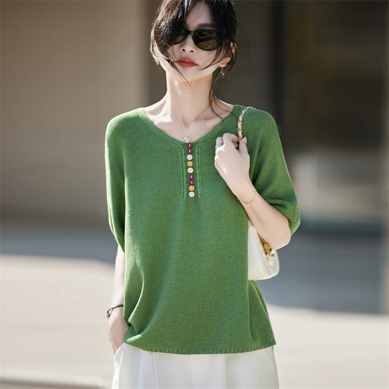 2026 Summer New Linen Women's Short Sleeved Casual V-neck Knitted T-shirt Women's Pullover Short Sleeved Fashion Hot Sale