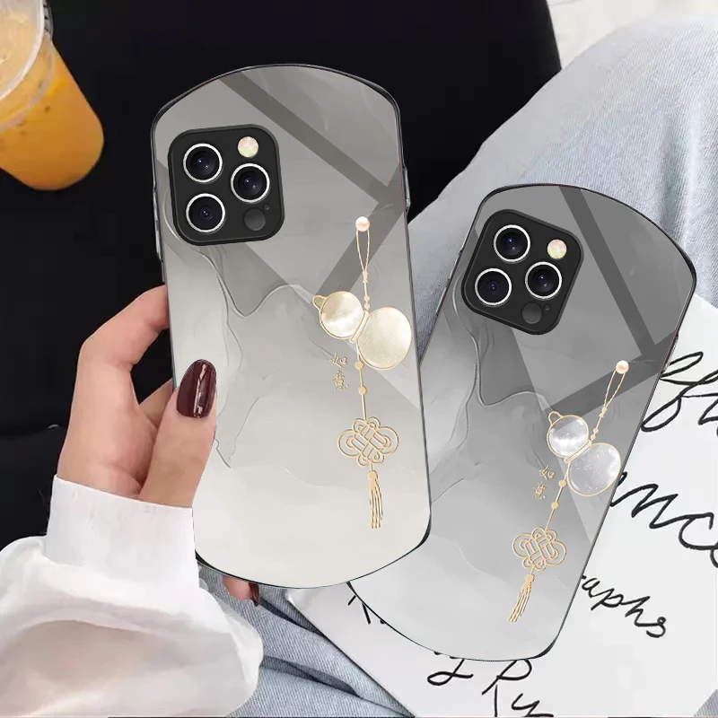

Lucky Blue Gourd Element For iPhone 16 15 14 Pro 13 Plus 12 mini 11 13Pro Max XR X S 7 8 6 Elliptical Tempered Glass Phone Case