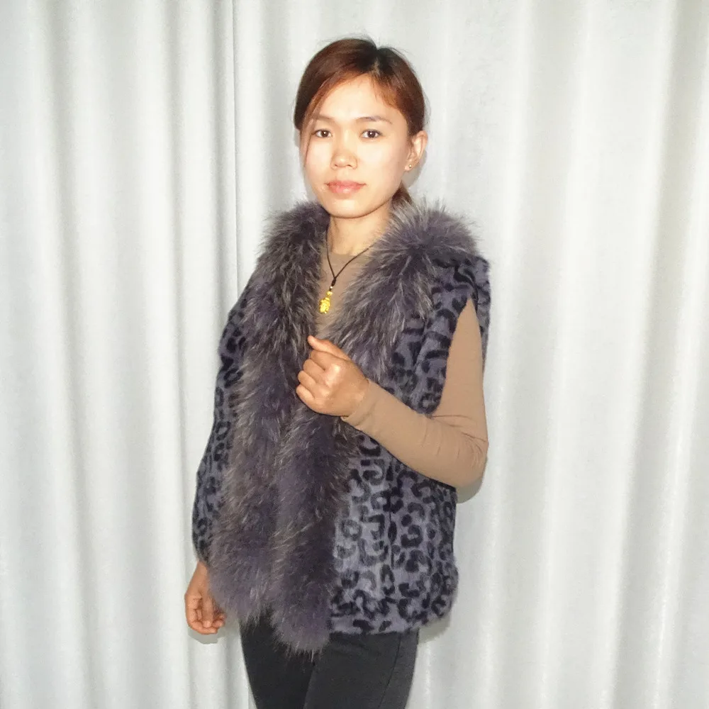 2023 Fur Vest Real Rabbit  purple leopard Women real fur vest  V-neck short with raccoon fur collar