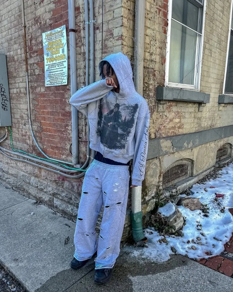 2025 شارع العليا الأمريكية الرجعية الشارع الشهير الرجال القوطية Harajuku رسالة سحاب مطبوع هوديي العصرية الشرير Y2K البلوز فوق الجانب #1