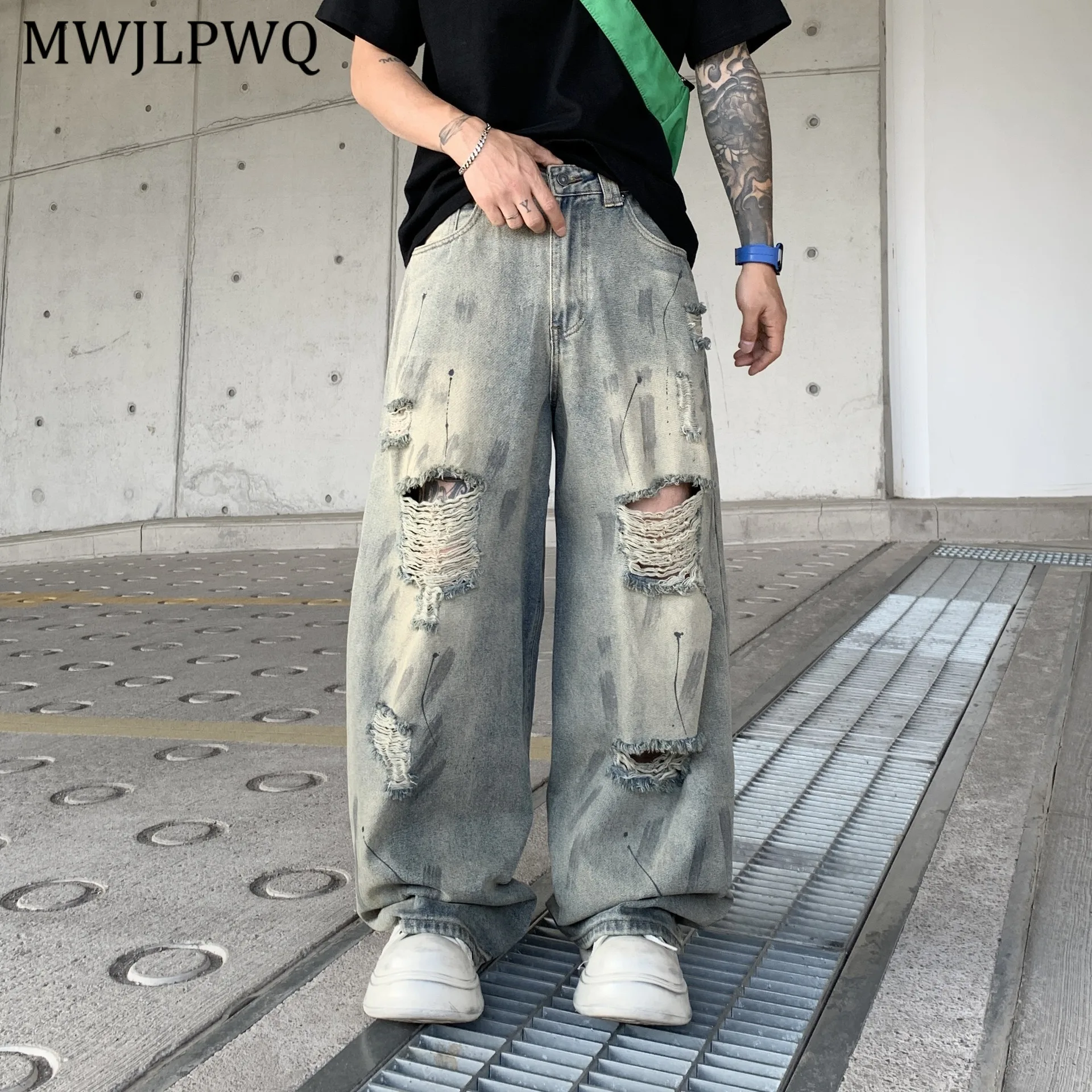 

MWJLPWQ American New Ripped Jeans For Men High Street Style Loose Straight Casual Wide-Leg Pants Men's Autumn2025 Tide 11424