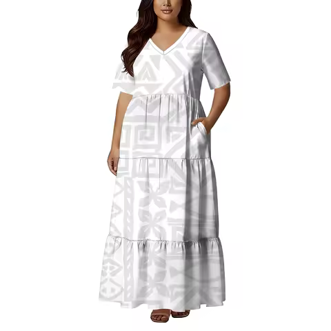 High-Quality Soft Fabric Summer Customizable Ladies' V-Neck Pocket Design Loose Dress Polynesian Elegant Evening Dress