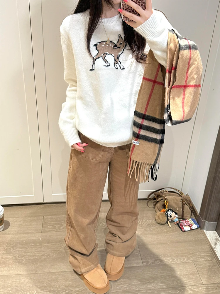 Olhar cervo branco bordado redondo ne pulôver malhas feminino outono inverno solto doce sle coreano faion topo