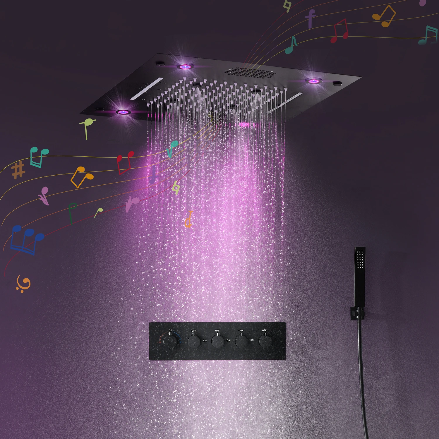 Black Surface Bluetooth Music Shower System 4 Function 16 Inch Rain Shower Set Thermostatic Bathroom Mixer Faucet Head Kit