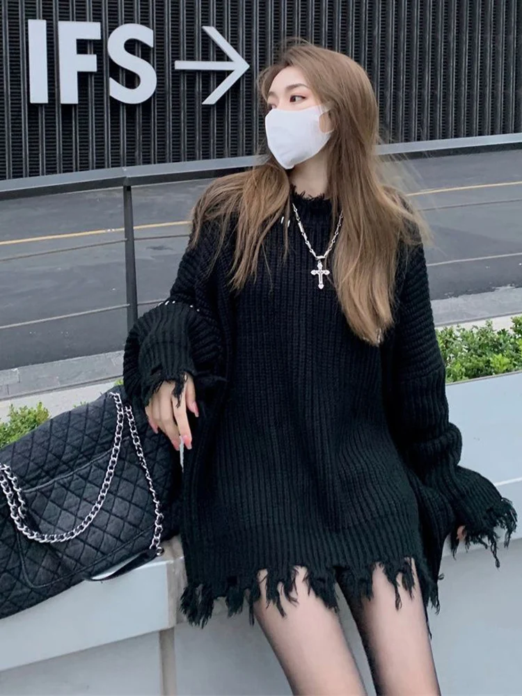 Suéteres negros Harajuku para mujer, jerséis de punto Punk de estilo gótico, jerséis de manga larga con cuello redondo, Tops de moda coreana, Otoño