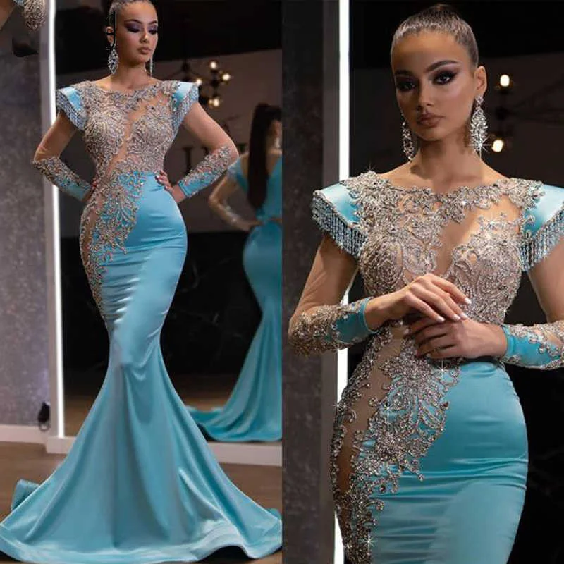 

New Women's Day-To-Day Light Blue Fishtail Skirt Banquet Gown Sand Gold Slim Temperament Annual Stage Sexy Evening Dress