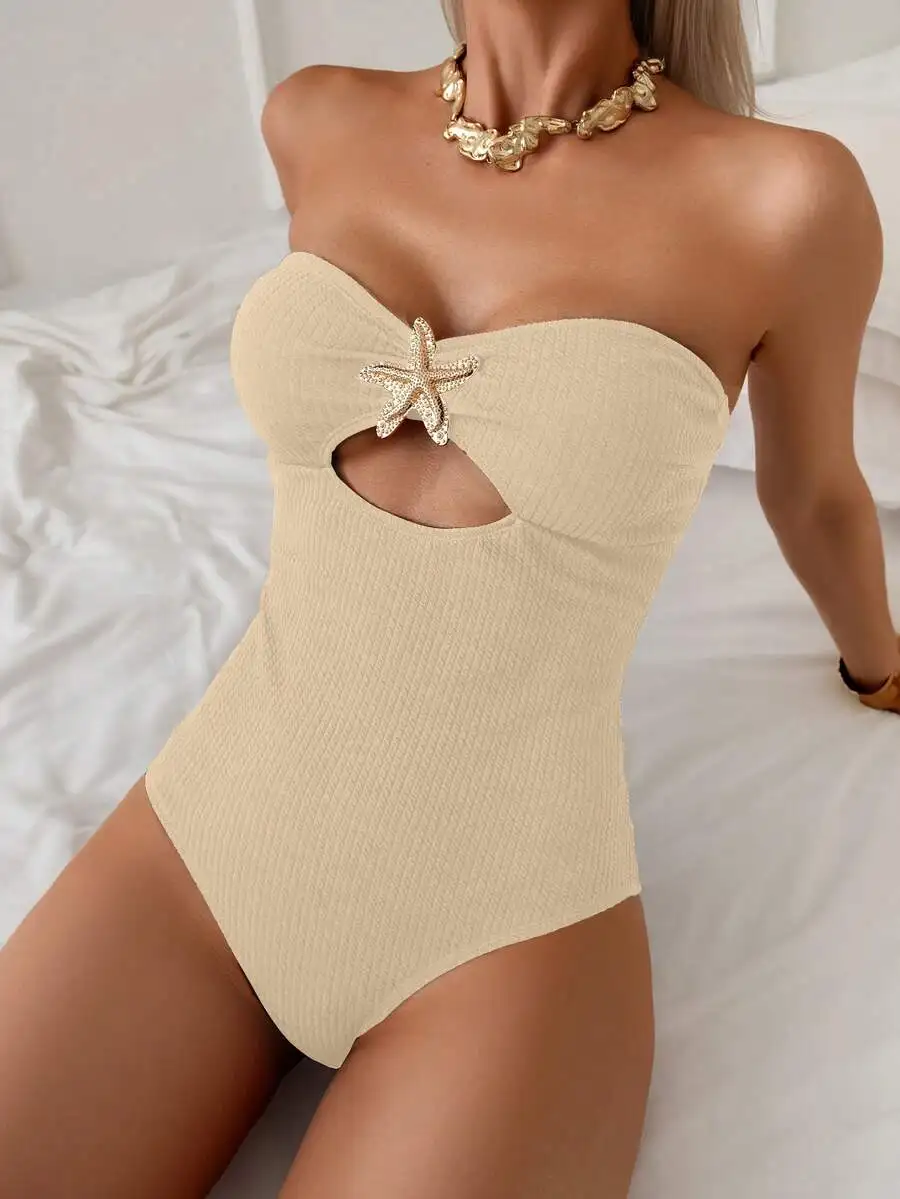 Black Textured Bandeau One-Piece Swimsuit With Starfish Cutout Detail - view 3
