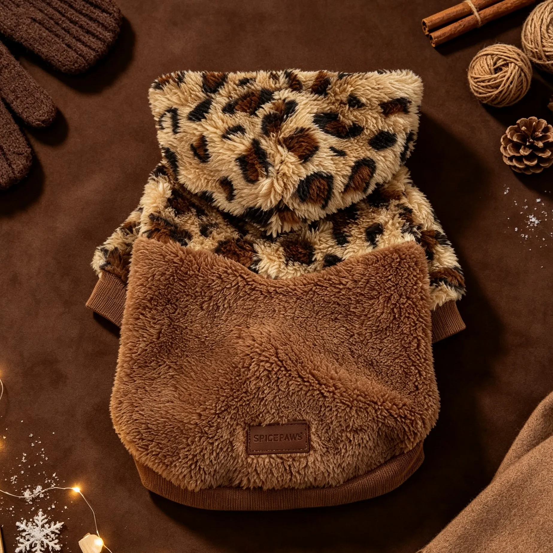 Hundejacke, Vintage-Hundemantel mit Leopardenmuster, Plüschstoff, farblich abgesetzte Kapuze, doppelseitiger Plüsch, warm und mit Taschen, Hundebekleidung. – Detail 3