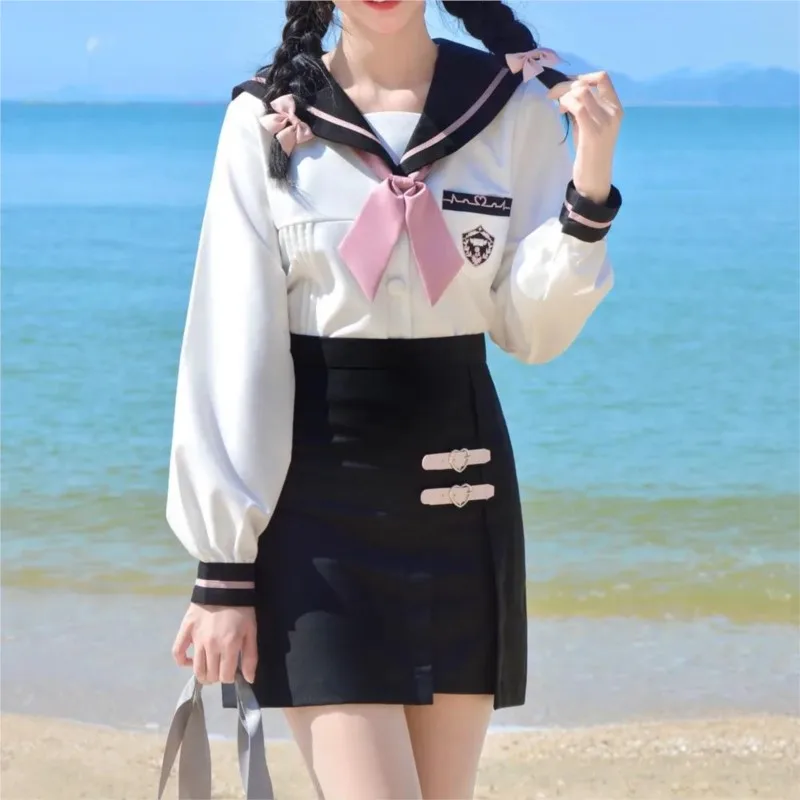 Sexy Female Sailor Uniform Korean Pink Tie White Top Bodycon Skirt Sets Japanese School Uniform Girls JK Suit COS Costumes Women