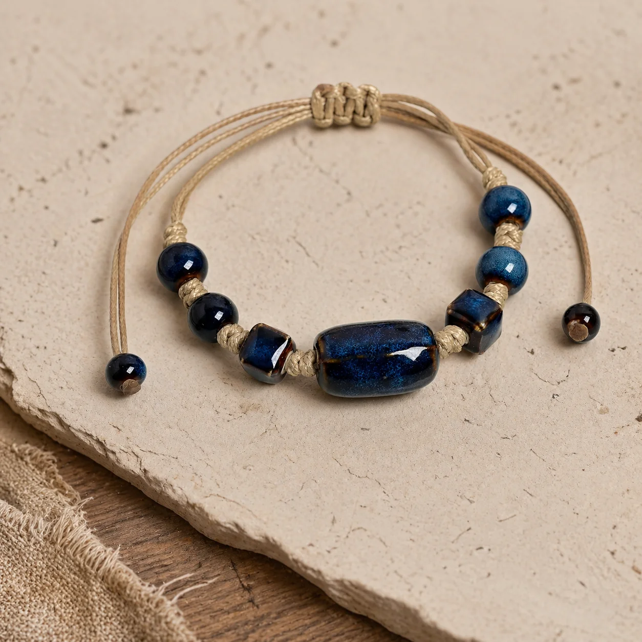 Handgefertigtes Keramik-Armband Vintage Blaue Fassperlen Wachsschnur Verstellbar 12-24cm Boho-Schmuck für Frauen S04-0082