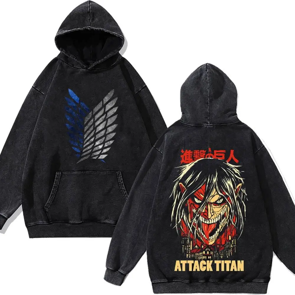 

2025 New Fashion Anime Attack Giant Hooded Long Sleeve Washed Cotton Printing Black Retro Old Street Men and Women