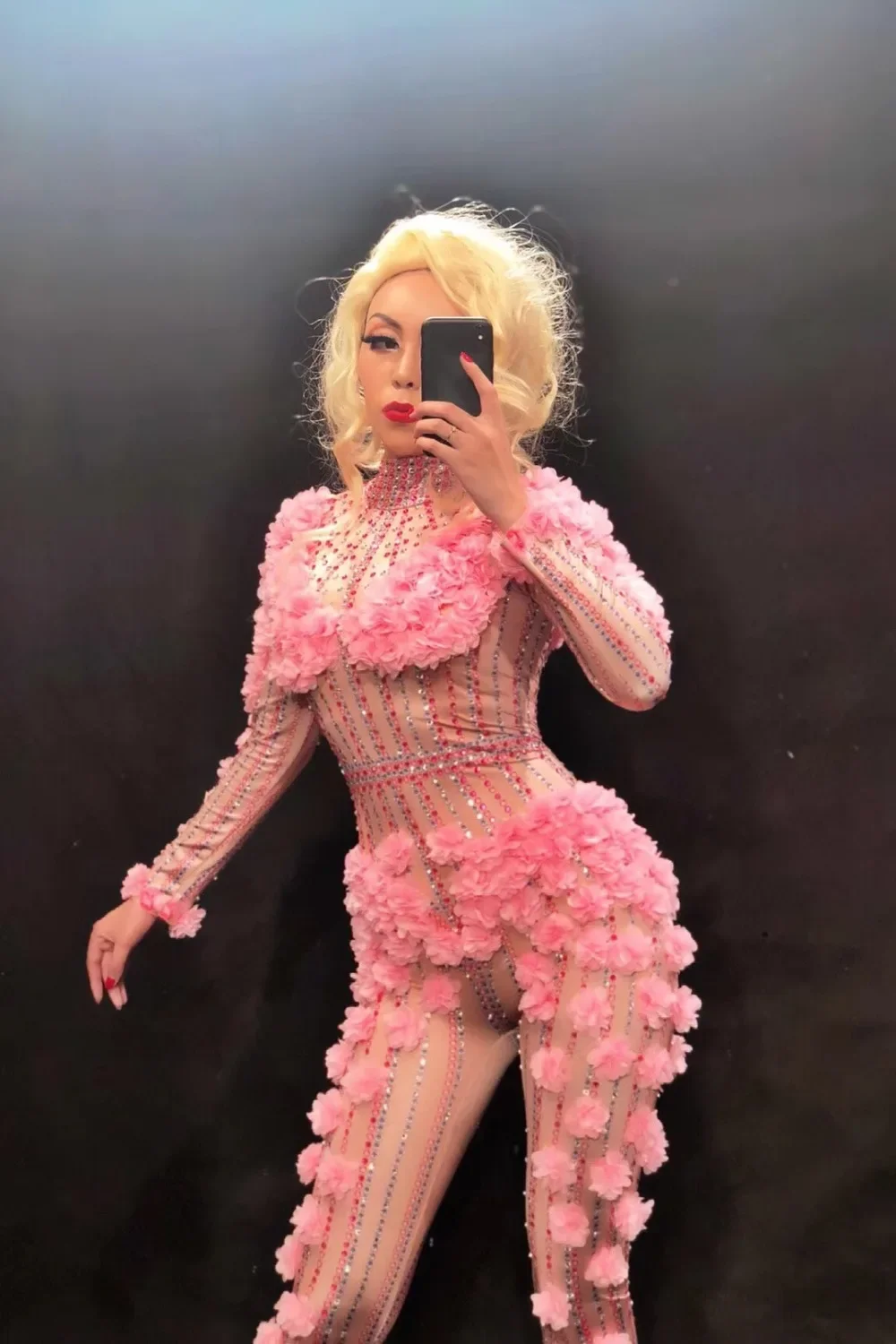 False Perspective Body Suit Nightclub Bar Sexy Jazz Pole Dance Performance Costume Pink Flower Rhinestone Photography Clothes