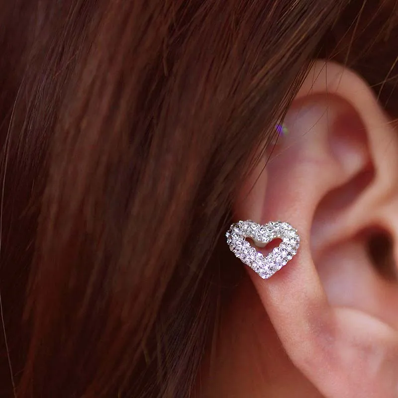 스테인리스 스틸 귀걸이 나선 피어싱 크리스탈 하트 플랫 이어 스터드, 한국 패션 이어 피어싱 나사, 소녀 쥬얼리, 1PC, 신제품