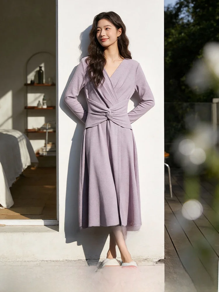 

plus Size Women's Dress V-Neck Knot Waist Slimming Long Skirt Korean Style Knitted Polyester Fiber Winter Season Ladies' Wear