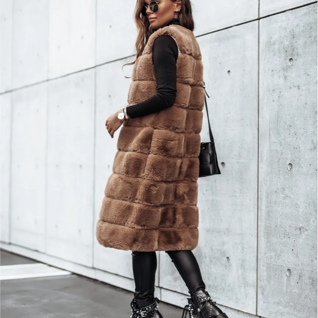 2024 Winter Women\'s Faux Fur Coats X-Long Fur Jackets Sleeveless O-neck Vest Outerwear Female Fashion Lady Fur Cardigans Dresses