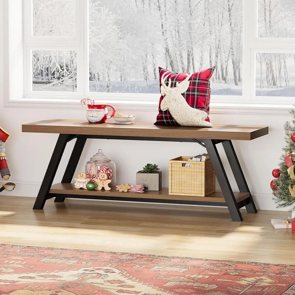 Banco de entrada rústico de roble para granja, 47 asientos largos de almacenamiento de madera y metal para sala de estar y comedor