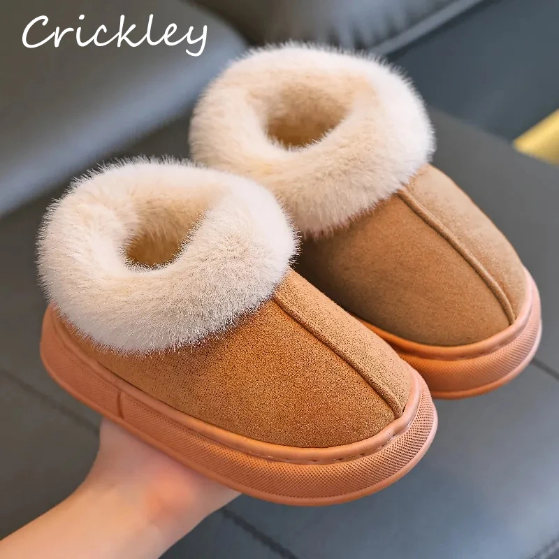 

Winter Solid Faux Fur Kids Slippers Plush Warm PU Leather Children Slippers Soft Bottom Boys Girls Snow Boots