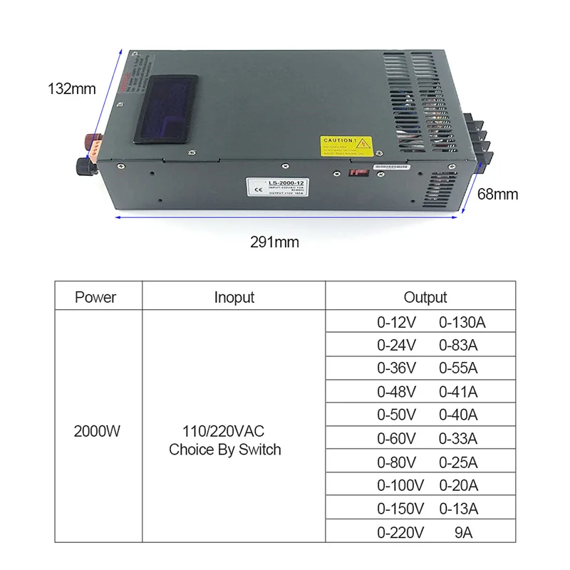 Imagem -03 - Fonte de Alimentação de Comutação Ajustável de 2000w com Display Led Smps ac 220v 110v para dc 12v 24v 36v 48v 60v 72 80v 90v 100v 220v 300v