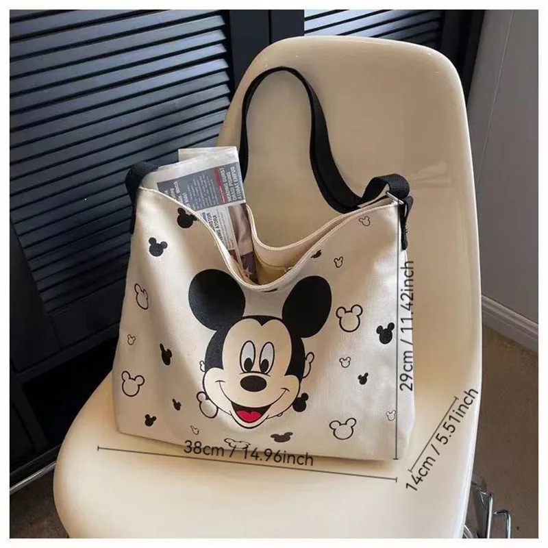 Sacola Disney grande capacidade para mulheres, carta kawaii Mickey Mouse, bolsa de ombro para meninas, bolsa de desenho animado