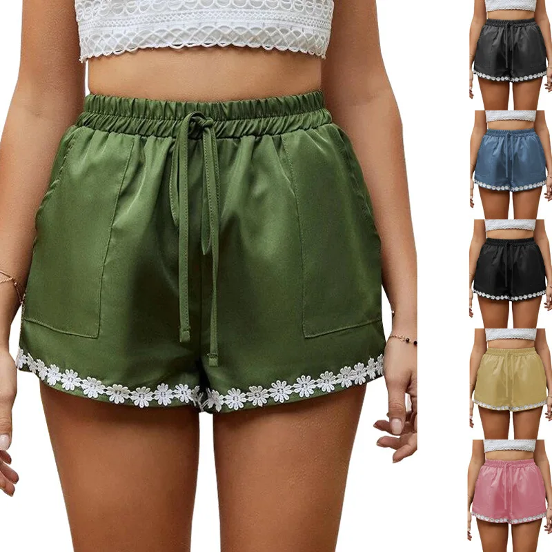 

Summer New Women's Fashion Casual Shorts Flower Decoration Loose Elastic Lace-up Shorts