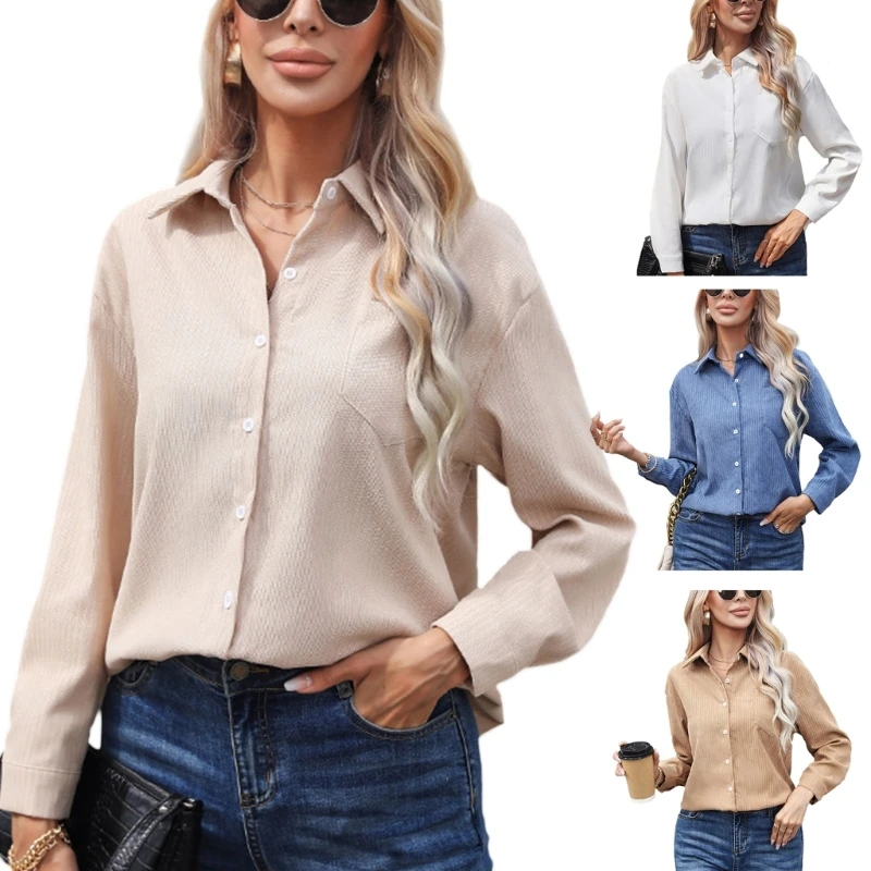 

Women Corduroy Button Down Shacket Casual Shirt Jackets Long Sleeve Boyfriend Oversized Blouses Tops with Pockets