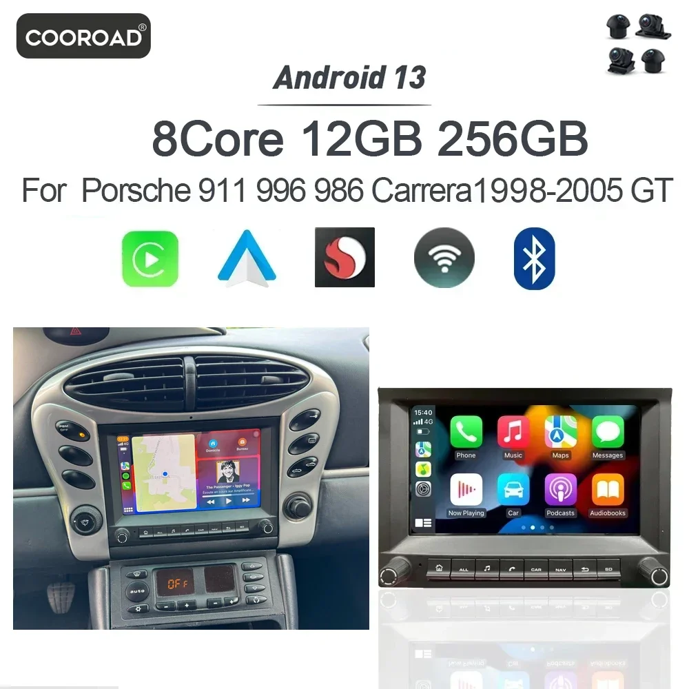 Carplay 2 din Android 13 Car DVD Player 8 Core 12GB Navigation Stereo Bluetooth GPS Radio For Porsche 911 996 986 Cayman Boxster 