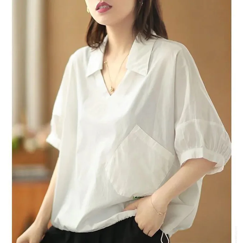 Fashion Solid Color Pockets Folds Asymmetrical Blouse Women\'s Clothing 2023 Autumn New Casual Pullovers All-match Commute Shirt