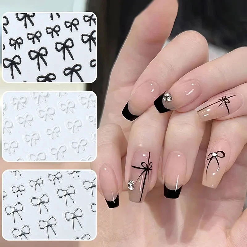 

Lovely Bow Tie Cute Bowknot Ribbon Gold Silver Black White Gold Line 3D Self Adhesive Nail Art Decoration Sticker Manicure Decal