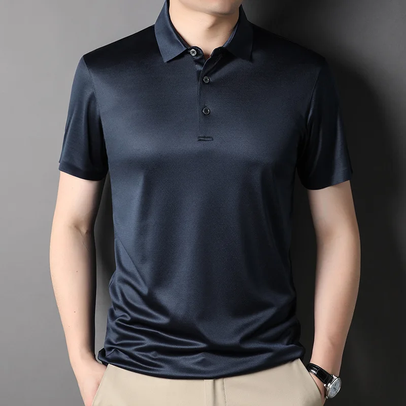 

2022 Mulberry Silk Summer Mens Polo Shirts Luxury Short Sleeve Solid Color Thin Male Tops Business Casual Simple Man Tees 3XL