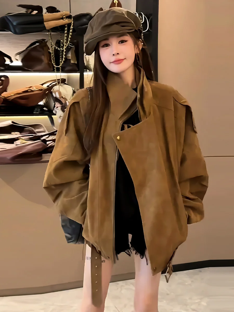 

Замшевый байкерский джет, женский свободный лацкан, модный кофейный цвет, осень-зима, новый Sle Ele, ветрозащитный лоскутный длинный све