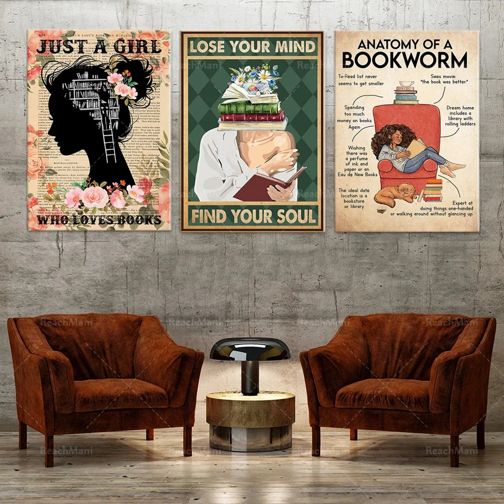 Bookworm Anatomy, Retro Girl Loves Reading Poster, Lose Your Mind and Find Your Soul, Book Lover Gif, Book Lover Bookworm Gift