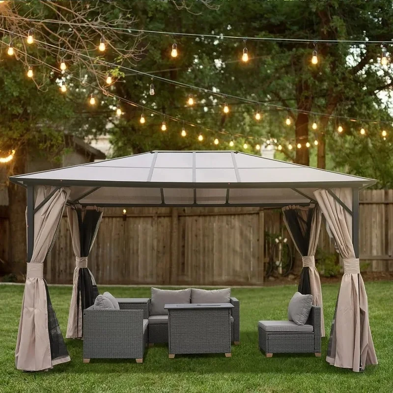 

High Quality 10' x 13' Outdoor Hardtop Polycarbonate Gazebo with Netting and Curtains for Garden and Patio