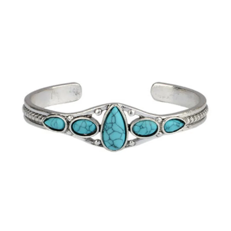 Wu\'s 2022 New European and American Bohemian Style Retro Turquoise Carved Hollow Geometric Bracelet Opening Adjustable Bracelet