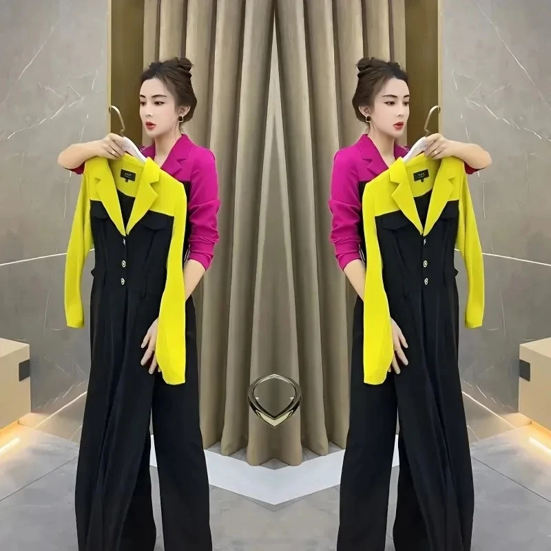 

Fashion jumpsuit Women's Summer Rompers New Long Sleeve Waist Was Thin Ladies New Contrast Color Suit Collar Splicing Fake two