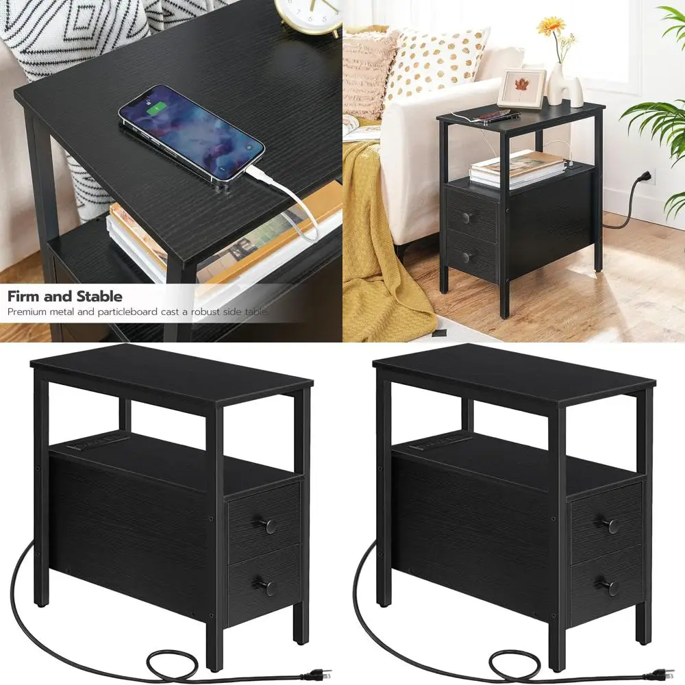 

Компактная прикроватная тумбочка с 2 ящиками, USB-портами и розетками, идеально подходит для небольших помещений, черная