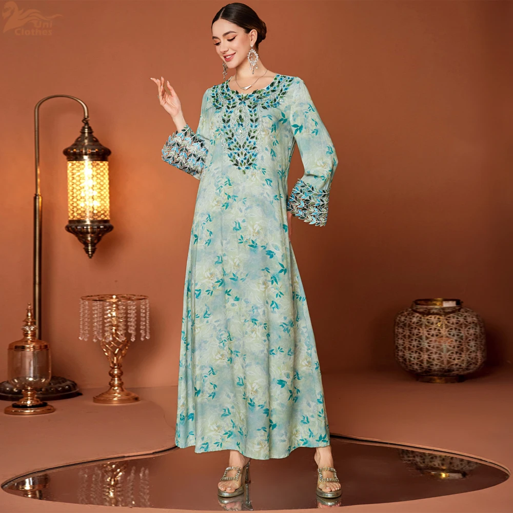 

Uni Muslim Elegant Floral Print Beaded Round Neck Dress Kaftans New Dubai Long Sleeve Abaya