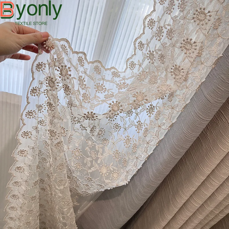 

Romantic Princess Style Embossed Cream Jacquard Curtains for Bedroom Living Room Customized Lace Embroidered Window Screen