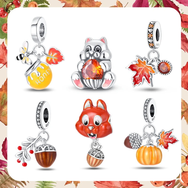 2023 Autumn Charms Fit For Pandora Original Bracelet 100% 925 Sterling Silver Nutty Squirrel Pumpkin Maple Leaf Cute Diy Charms