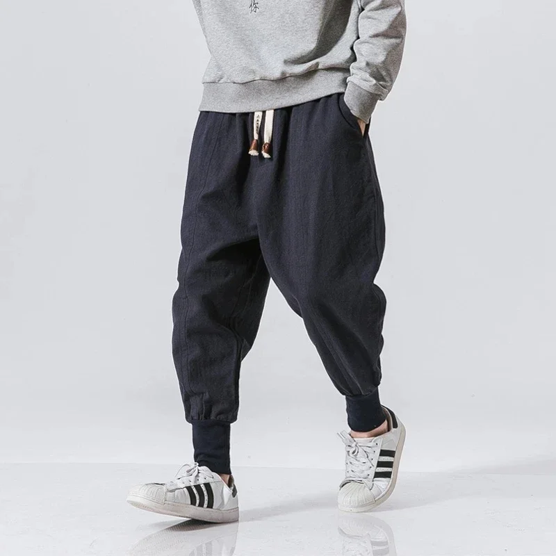 Katoen Linnen Harembroek Mannen Streetwear Joggers Nieuwe Baggy Drop-kruis Broek Casual Broek Mannen Joggingbroek