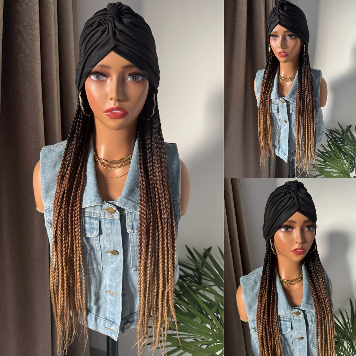 WIGERA Long 24‘ Ombre Black Dark Brown Honey Brown Braided Synthetic Wig With Headband Turban Braiding Hair Extensions For Women