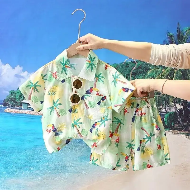

Boys Summer Suit 2025 New Style Children's Hawaiian Holiday Wind Beach Shirt Short Sleeve Two-piece Set Fashion