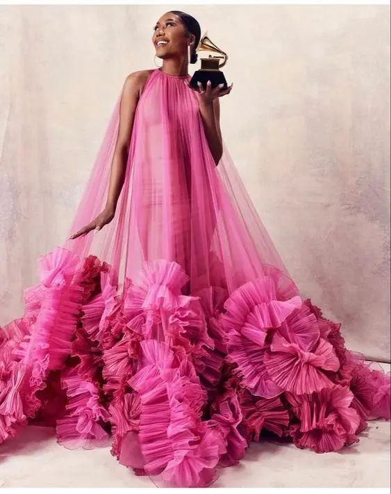 Stunning Fuchsia A-line Long Tulle Prom Dresses With Ruffle Trimmed Bottom Modest African Formal Party Dresses Maxi Gowns