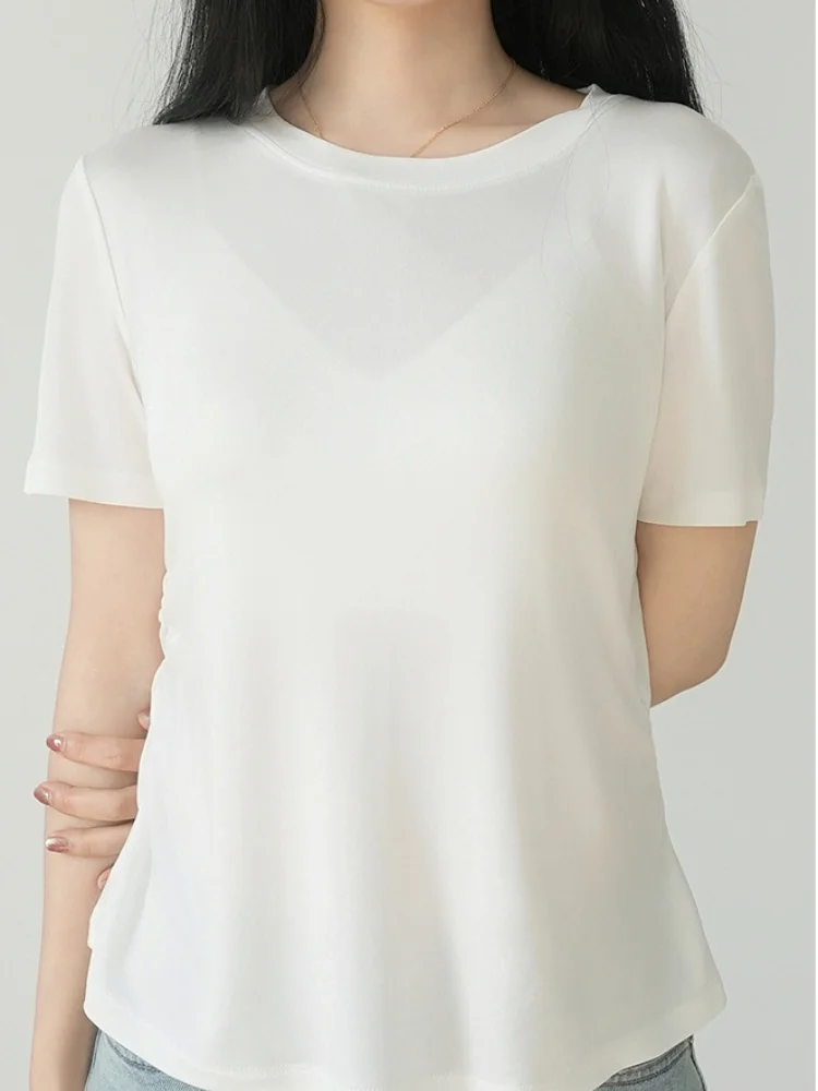 تي شيرت Birdtree 20% حرير 80% فسكوزي أساسيات صلبة ، تي شيرت نسائي بأكمام قصيرة ورقبة دائرية وخصر ملابس علوية ناعمة T59208JF